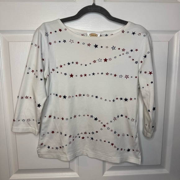 Talbots White 3/4 Sleeve White Shirt with Blue and Red Embroidered Beaded Stars - Picture 1 of 5